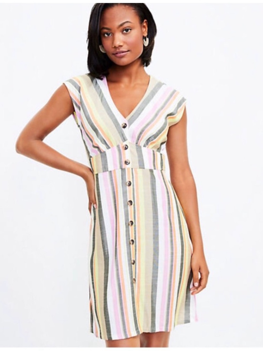 LOFT Striped V-Neck Button-Front Summer Dress
